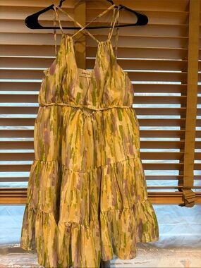 Baclo Yellow & Green Brushstroke Tiered Spaghetti-Strap Dress